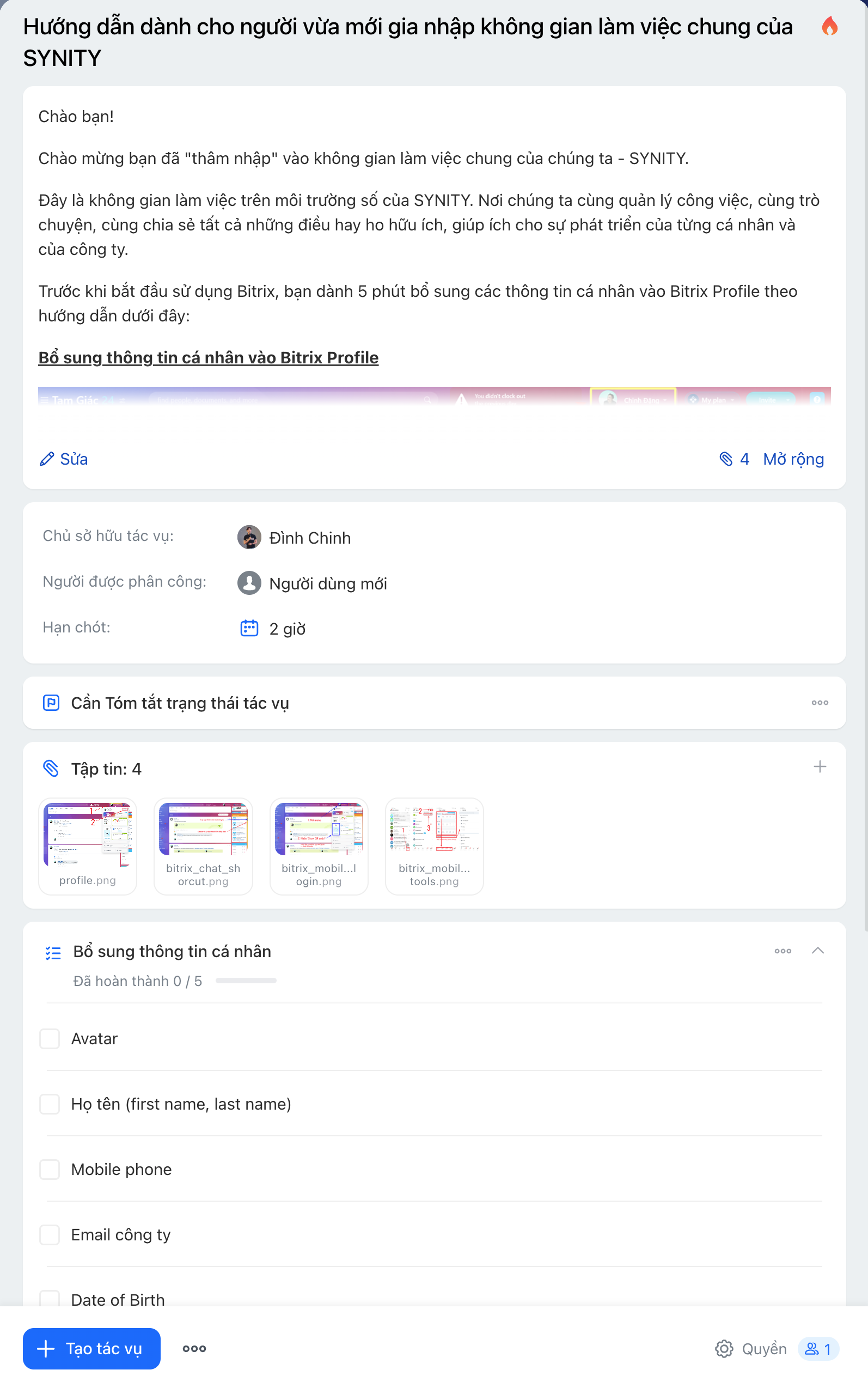 Task template checklist trong Bitrix dùng để tạo checklist onboarding theo phòng ban