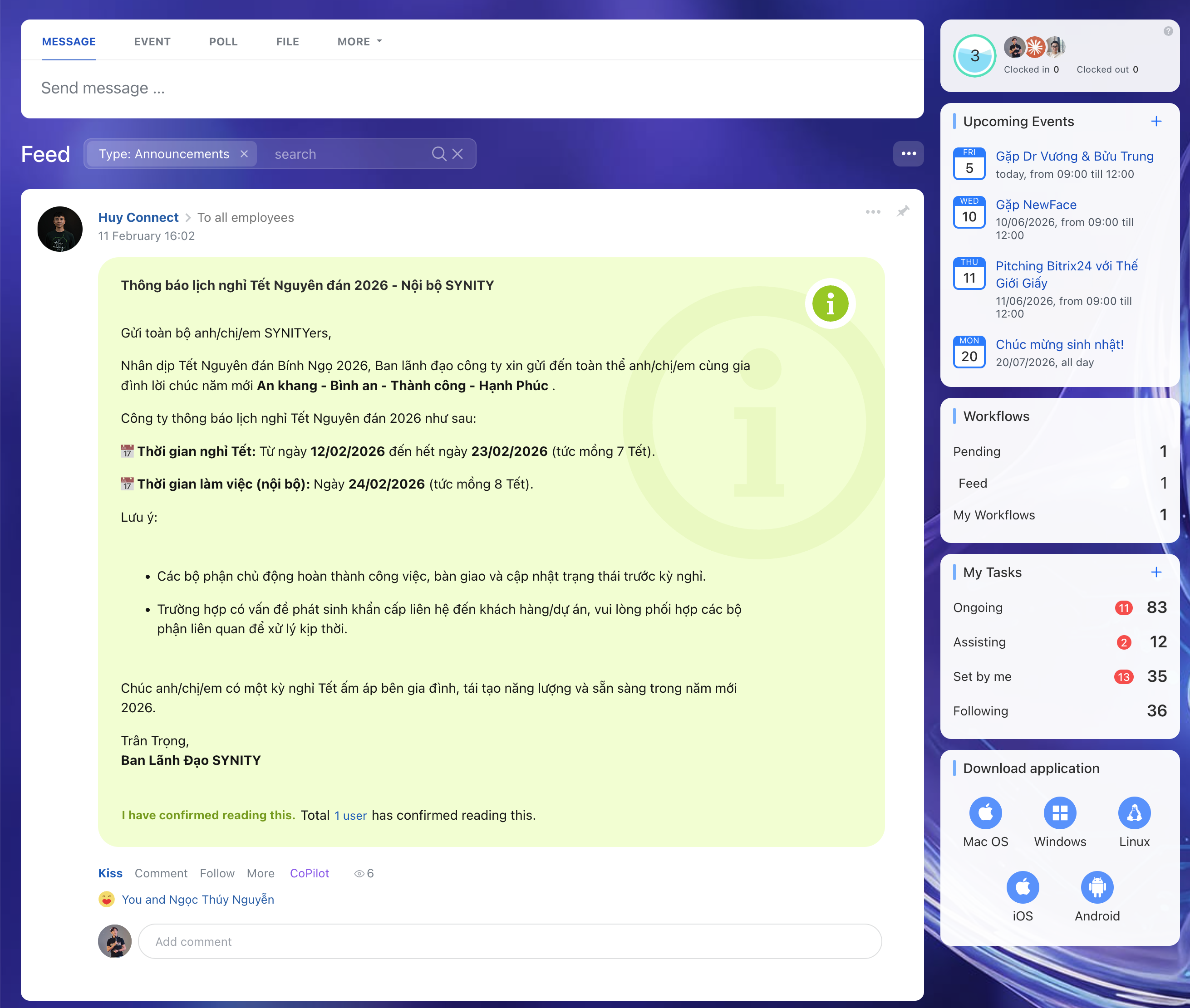 Feed Bitrix giống bảng tin nội bộ để cập nhật post, thông báo, bình chọn, lời cảm ơn, task và calendar