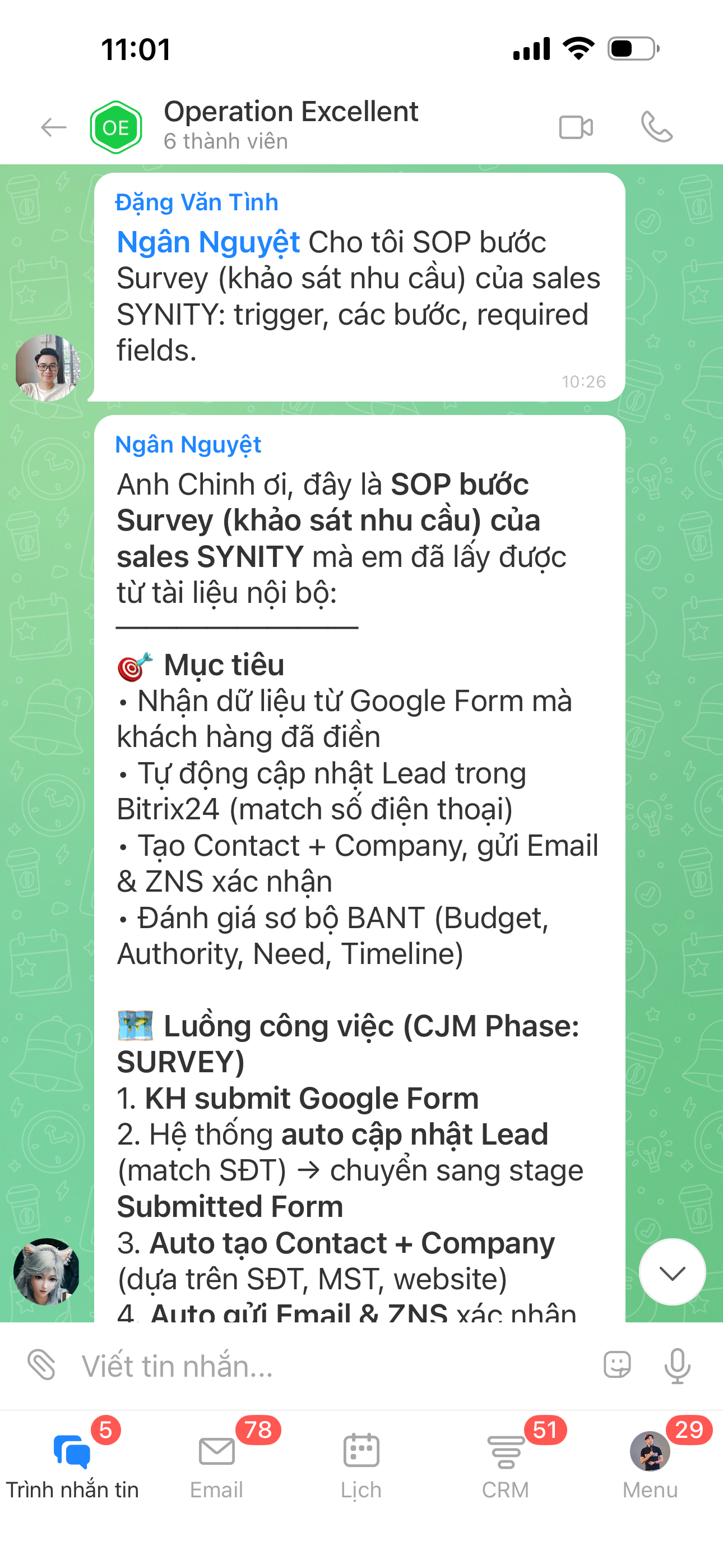AI Agent SOP trên Bitrix mobile chat hỗ trợ nhân sự mới tra cứu quy trình