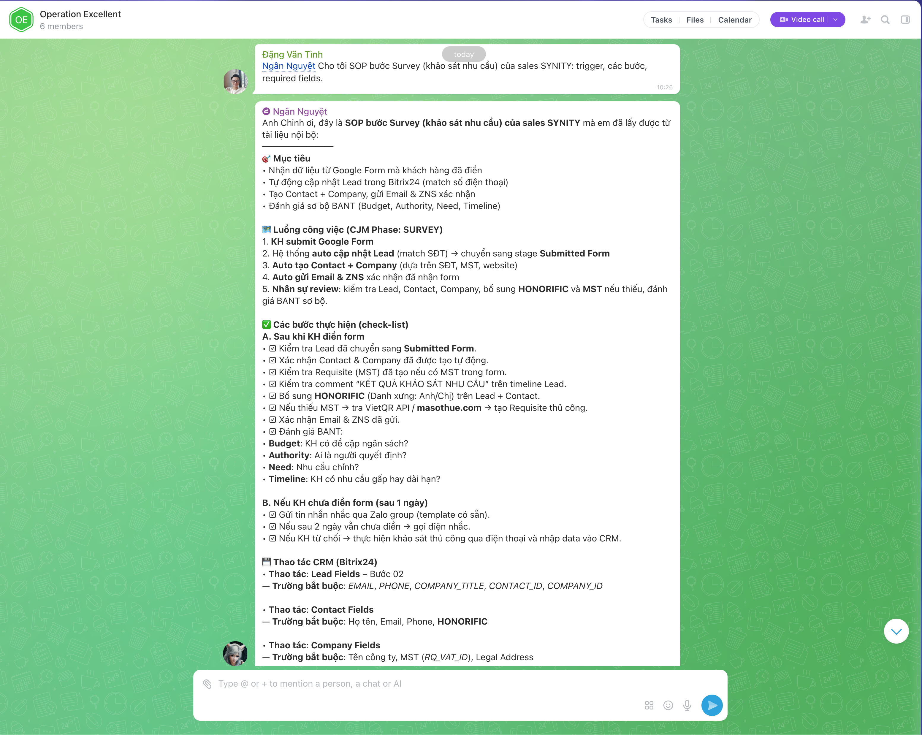 AI Agent trong Bitrix Messenger hỗ trợ nhân sự hỏi đáp SOP nhanh tại nơi làm việc