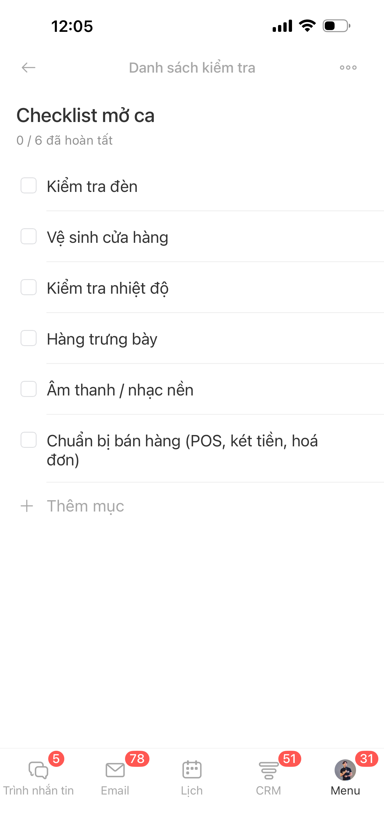 Checklist mở ca trong Bitrix task gồm các đầu việc xác nhận