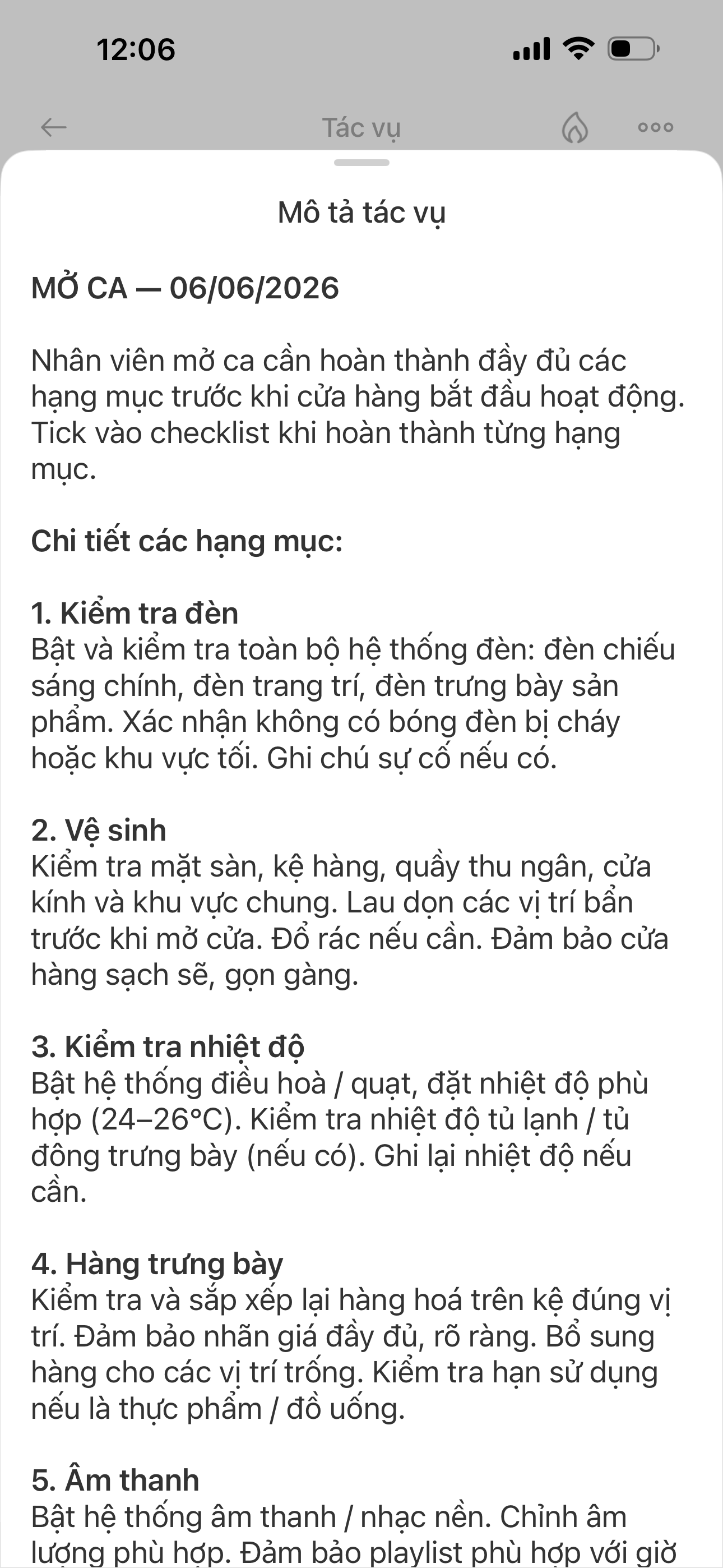 Mô tả task mở ca trong Bitrix chứa hướng dẫn SOP