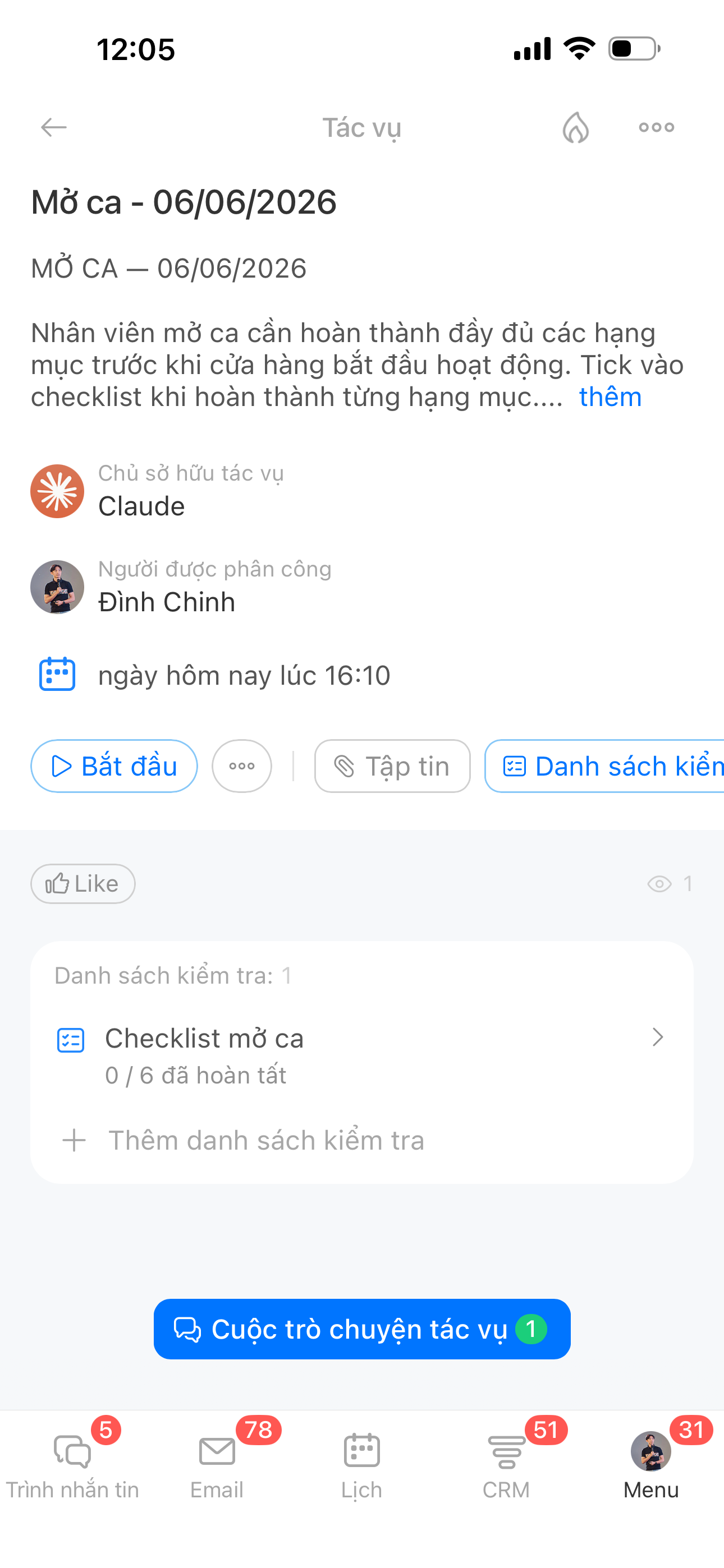 Task mở ca trong Bitrix minh hoạ tổng quan checklist vận hành ca